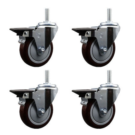 Service Caster 5 Inch Maroon Polyurethane Wheel Swivel 58 Inch Threaded Stem Caster Set with Brake SCC SCC-TS20S514-PPUB-MRN-PLB-58212-4